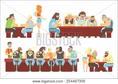 Dark Bar With Criminal Looking Bikers And Sailor Clients And Slutty Waitresses Serving Beers Illustr