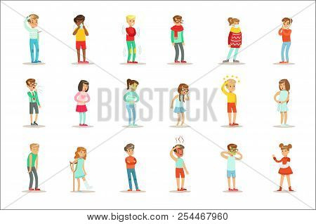 Sick Children Feeling Unwell Suffering From Sickness Or Injury Needing Healthcare Medical Help Set O