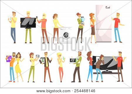 Happy Smiling People In Department Store Shopping For Domestic Equipment Choosing Electronic Objects