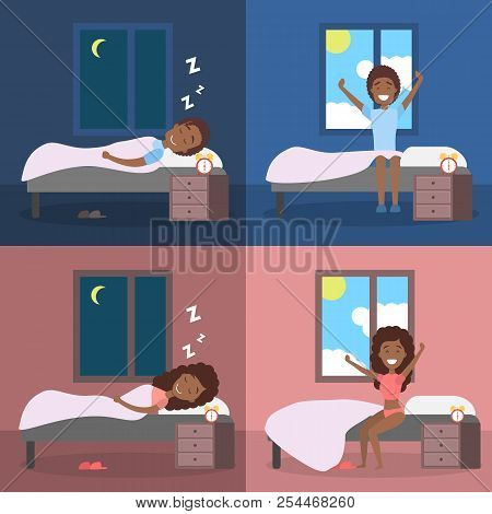 Set Of Woman And Man Sleeping In Bed And Waking Up