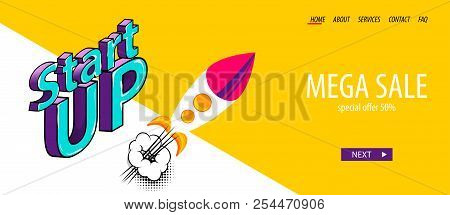 Rocket Start Up Comics. Isometric Digital Banner Business Flat Site Background. Header Vector Design