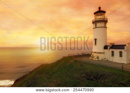 North Head Lighthouse In Ilwaco Washington State During Sunset