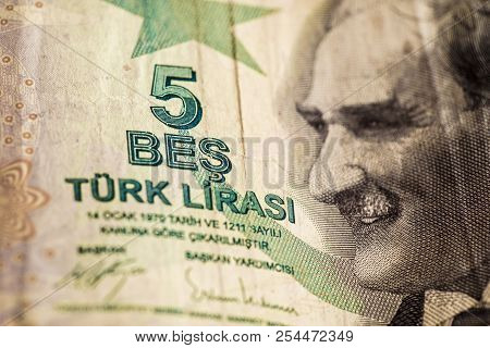 Close Up Turkish Lira Bills On Wooden Table, Turkish Lira (turkish Turk Parasi), High Exchange Rate 