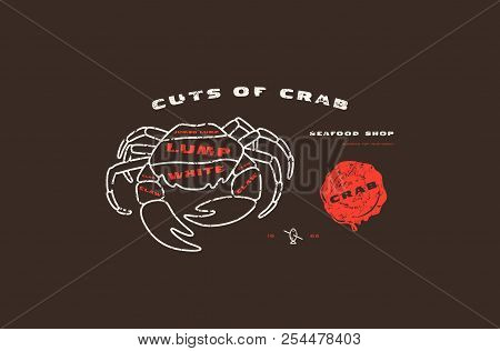 Stock Vector Crab Cuts Diagram In Thin Line Style. Design With Rough Texture. Color Print On Black B