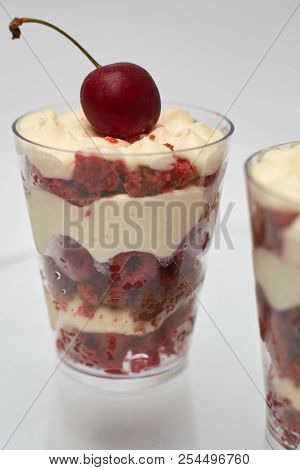 Triffle With Cherry, Cream Cheese And Chocolate Biscuit