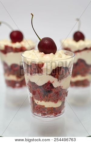 Triffle With Cherry, Cream Cheese And Chocolate Biscuit
