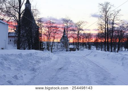 Iversky Monastery In Valdai In The Winter At Sunset, Russia