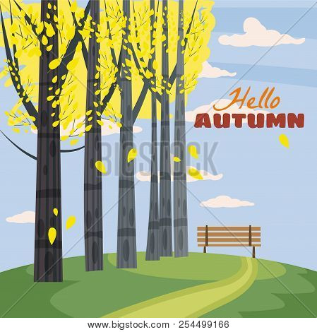 Autumn Landscape With Trees, Hills, Branch, And Fall Leaves, Vactor Illustrations, Cartoon Style