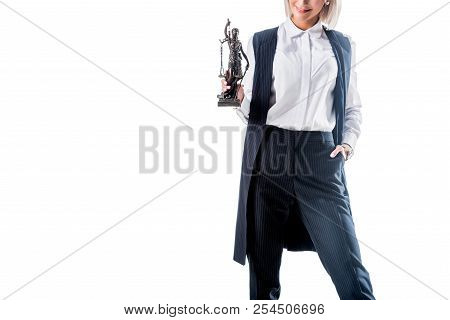 Partial View Of Lawyer Holding Temida In Hand Isolated On White