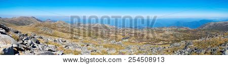 Scenic Panoramic View From The Top Of Mount Kosciuszko, Australia. Tourist Lookout Kosciuszko Nation