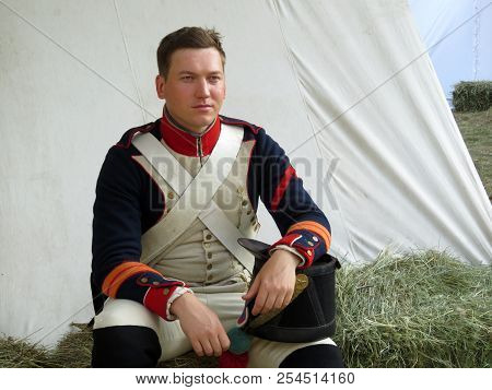 Moscow, Russia - August 2018: Grenadier Guardsman In Uniform Of The French Army Of 19th Century Duri