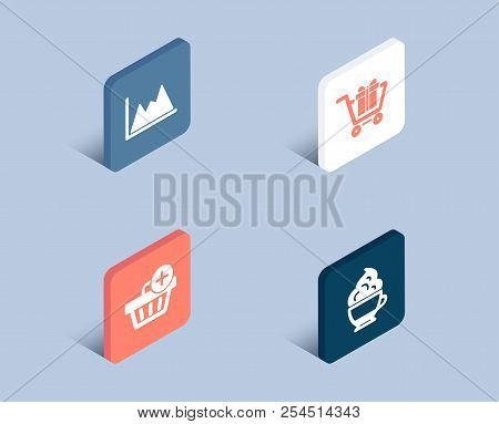 Set Of Shopping Cart, Add Purchase And Diagram Icons. Cappuccino Cream Sign. Gift Box, Shopping Orde