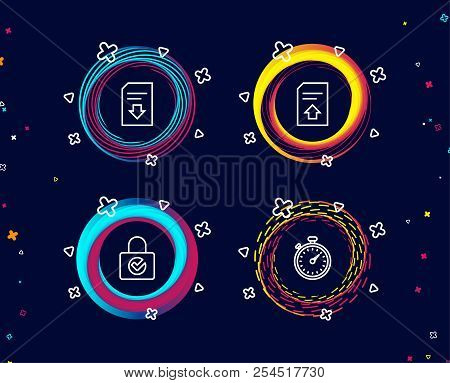 Set Of Password Encryption, Upload File And Download File Icons. Timer Sign. Protection Locker, Load