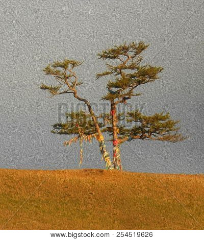 Lonely Shamanic Pine With Colorful Ribbons Hadak On Sky Background. Sacred Tree For Worship, Island 