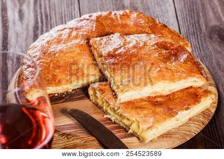 Ajarian Khachapuri Traditional Georgian Cheese Pastry On Cutting Board. Homemade Baking. Top View.