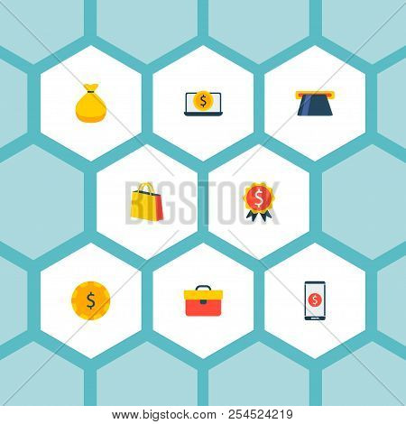 Set Of Financial Icons Flat Style Symbols With Financial Award, Money Bag, Cash And Other Icons For 