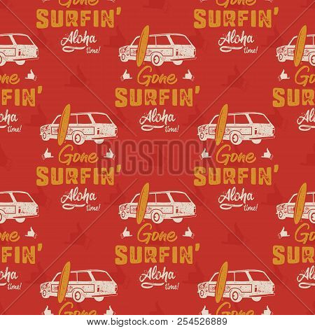 Surfing Car Pattern. Vintage Hand Drawn Surf Wagon With Surfboard Pattern. Aloha Time Quote Typograp