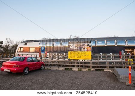 Orehoved Denmark - April 22. 2018: Dsb Double Decker Train At The Temporary Orehoved Train Station W