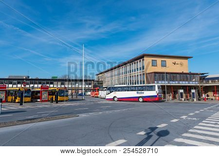 Nykoebing Denmark - April 19. 2018: Buses In Front Of Nykoebing F Train Station In Denmark