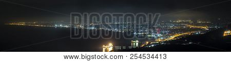 Panorama Of Heraklion At Night. Sea With Night Lights Of City. Hd Heraklion, Crete, Ammoudara, Greec