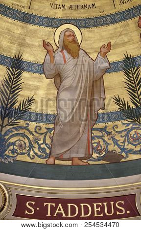PARIS, FRANCE - JANUARY 05: Saint Judas Thaddaeus, the dome painted by Charles Joseph Lameire, St Francis Xavier's Church in Paris, France on January 05, 2018.