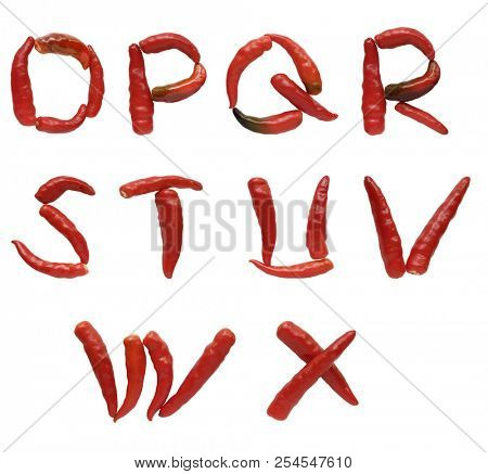 Set of fresh hot chili pepper fruits alphabets isolated on white background