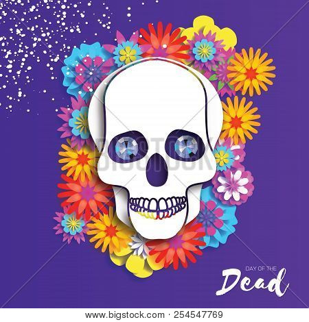 Day Of The Dead. Paper Cut Skull For Mexican Celebration. Traditional Mexico Skeleton. Blue Diamond 