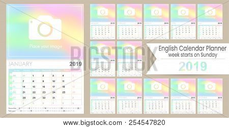 English Calendar Planner 2019, Week Starts On Sunday, Set Of 12 Months January - December, Calendar 