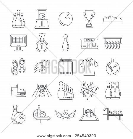 Bowling Kegling Game Icons Set. Outline Illustration Of 25 Bowling Kegling Game Icons For Web