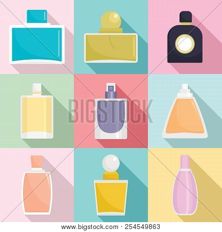 Fragrance Bottles Aroma Flavor Perfume Icons Set. Flat Illustration Of 9 Fragrance Bottles Aroma Fla