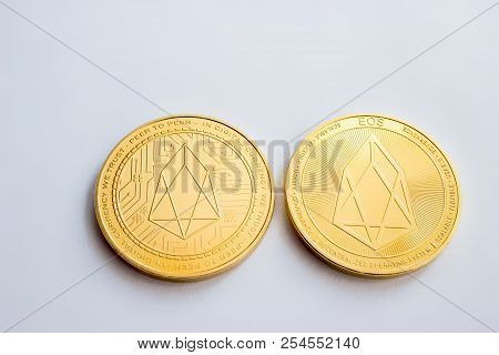 On A White Background Is Isolated The Front And Back Side Of Gold Coin Of A Digital Crypto Currency 