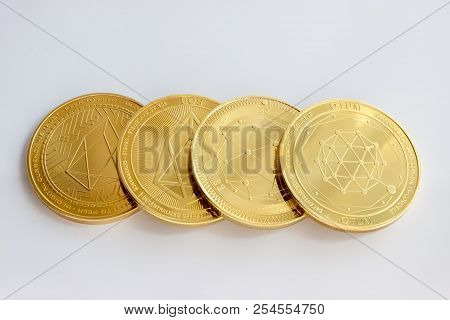 On A White Background Are The Front And Back Side Of Gold Coins Of A Digital Crypto  Currencies - Qt