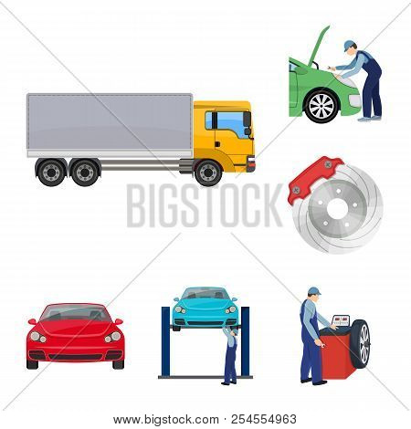 Car, Lift, Pump And Other Equipment Cartoon Icons In Set Collection For Design. Car Maintenance Stat