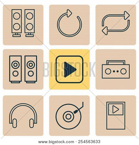 Music Icons Set With Musical Device, Dj Disc, Repeat And Other Reload Elements. Isolated Vector Illu