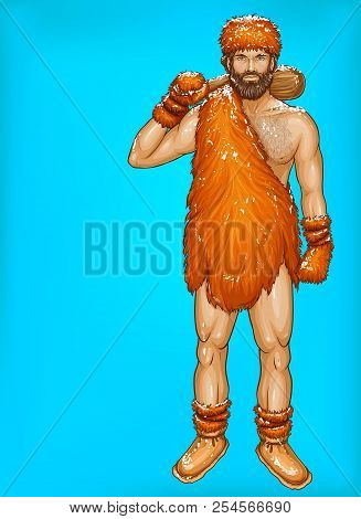 Vector Pop Art Caveman In Fur Loincloth, Footwear And Mittens With Wooden Club Isolated On Blue Back