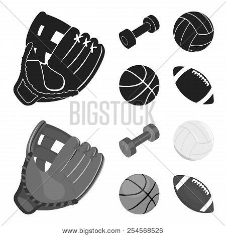 Blue Dumbbell, White Soccer Ball, Basketball, Rugby Ball. Sport Set Collection Icons In Black, Monoc