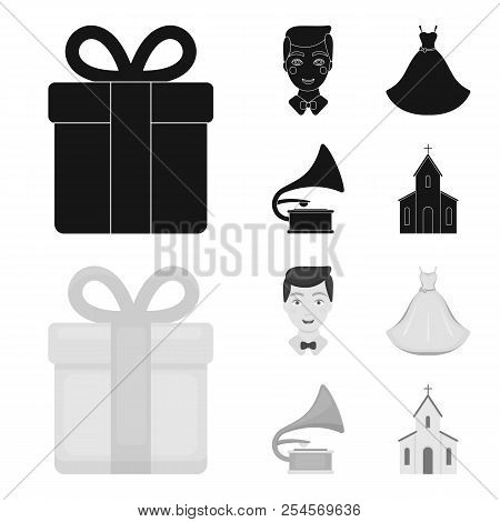 Wedding And Attributes Cartoon , Flat, Outline, Black Icons In Set Collection For Design.newlyweds A