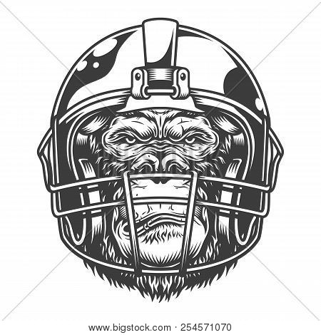 Serious Gorilla In Monochrome Style In The Baseball Helmet. Vector Illustration