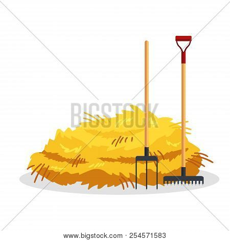 Bale Of Hay Isolated On White Background. Flat Dried Haystack With Forks And Rake, Farming Haymow Ba