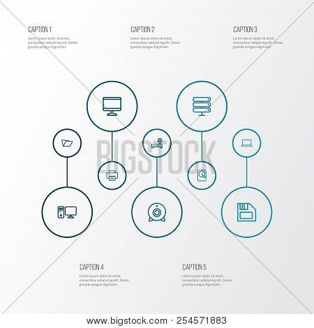 Computer Icons Line Style Set With Diskette, Webcam, Winchester And Other Computer  Elements. Isolat