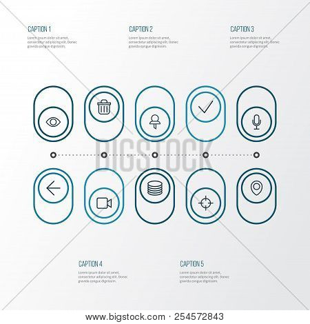 Interface Icons Line Style Set With Map Pin, Goal, Eye And Other Back Elements. Isolated Vector Illu