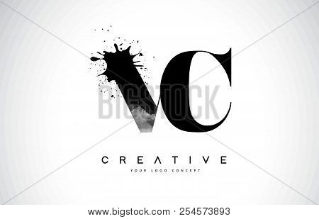 Vc V C Letter Logo Design With Black Ink Watercolor Splash Spill Vector Illustration.