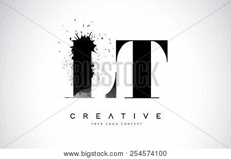 Lt L T Letter Logo Design With Black Ink Watercolor Splash Spill Vector Illustration.