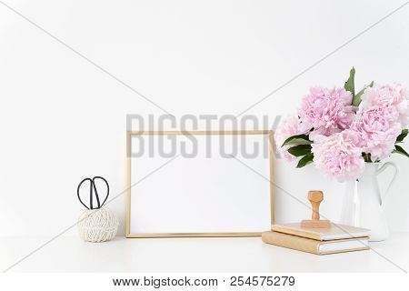 Vintage Gold Landscape A4 Frame Mock Up With A Pink Peonies In White Jug, Stamp. Overlay Your Quote,