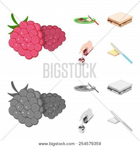 Dessert With Cream, A Sandwich And Other Food. Food Set Collection Icons In Cartoon, Monochrome Styl