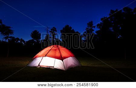 Nylon Tent With Lights Inside After The Stars Have Come Out