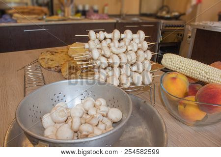 Georgian Bean Pie Lobiani. Caucasus National Cuisine. Food Background. Peach, Corn And Mushrooms On 