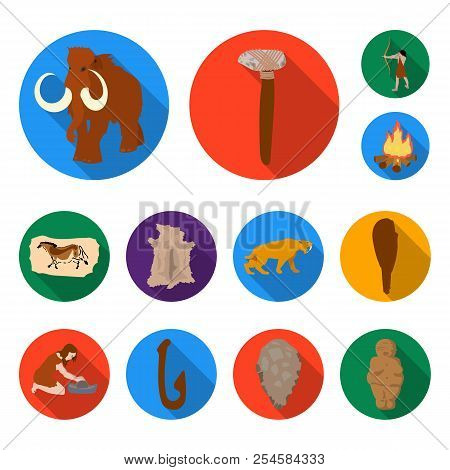 Life In The Stone Age Flat Icons In Set Collection For Design. Ancient People Vector Symbol Stock We