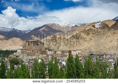 Beautiful view of Leh palace and Tsemo Maitreya temple with Himalaya mountains at background, Jammu and Kashmir, India.