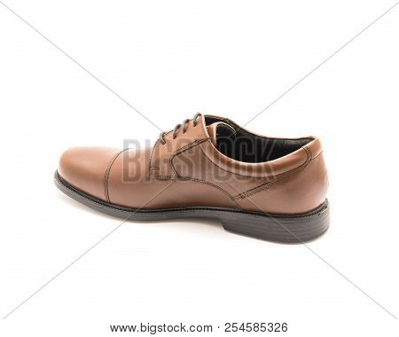 Studio Shot Shiny Brown Dress Cap Toe Oxford Shoes Isolate On White